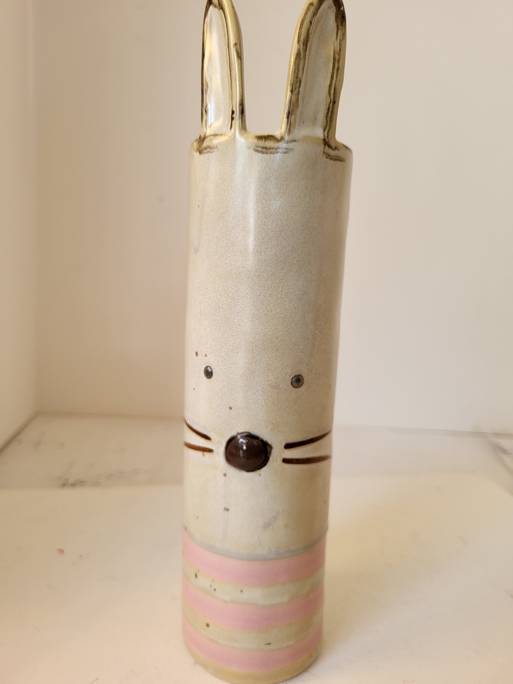 Mud Pie Ceramic Bunny Vase in Cream and Pink Stripes